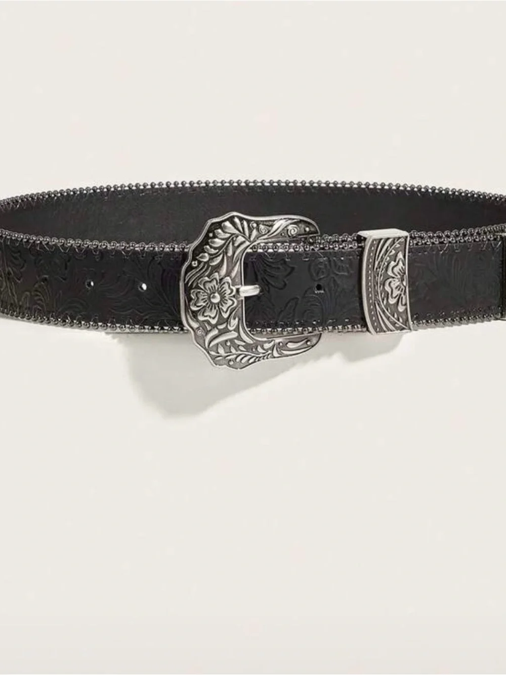 Black Western Faux Leather Belt with Floral Silver Buckle Detail
